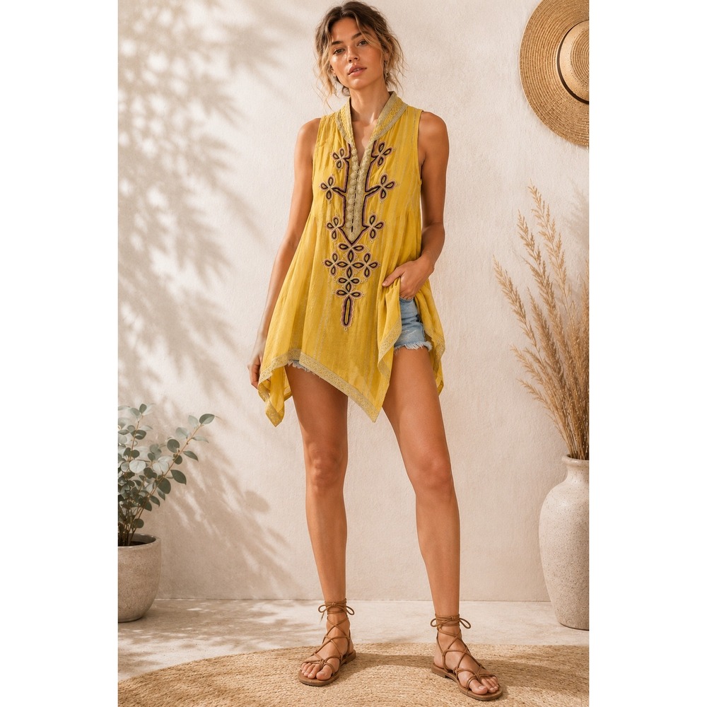 Free People New Romantics Tunic Women S Yellow Embroidered Boho Hippie Festival